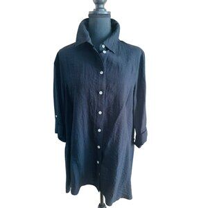 John Mark Black Boyfriend Relaxed Oversizef Button Shirt Dress M Tiered Ruffle